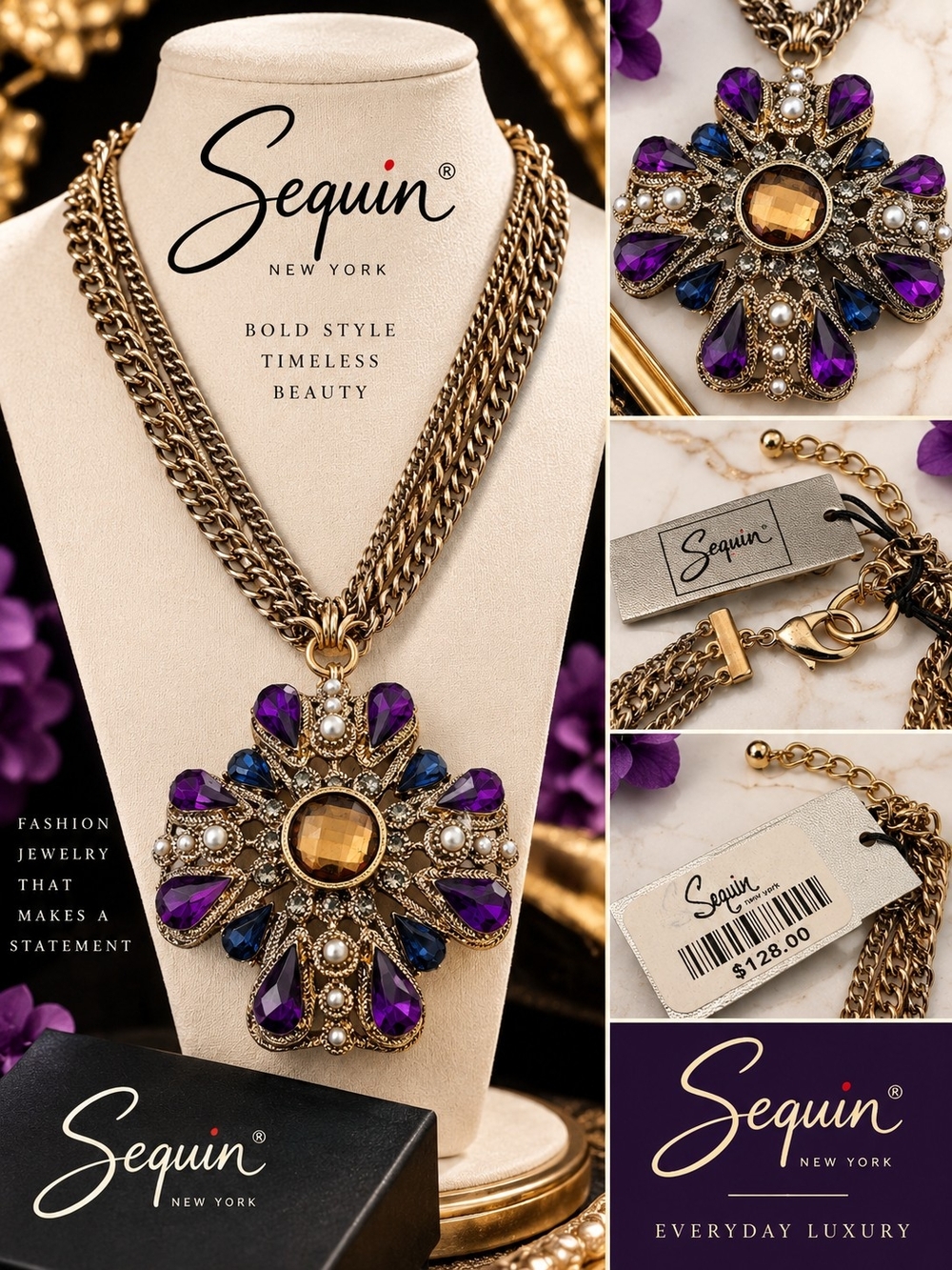 Purple & Gold Statement Floral Pendant Necklace